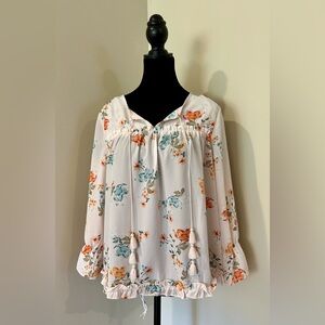 Zac & Rachel Cream Floral Blouse with Tassel Accents